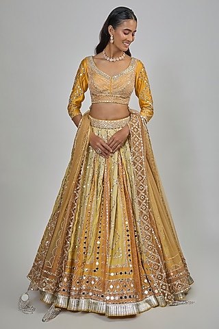Yellow Chanderi Gota Embroidered Lehenga Set by Abhinav Mishra