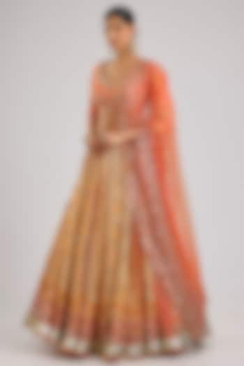 Orange Chanderi Mirror Embroidered Bridal Lehenga Set by Abhinav Mishra at Pernia's Pop Up Shop