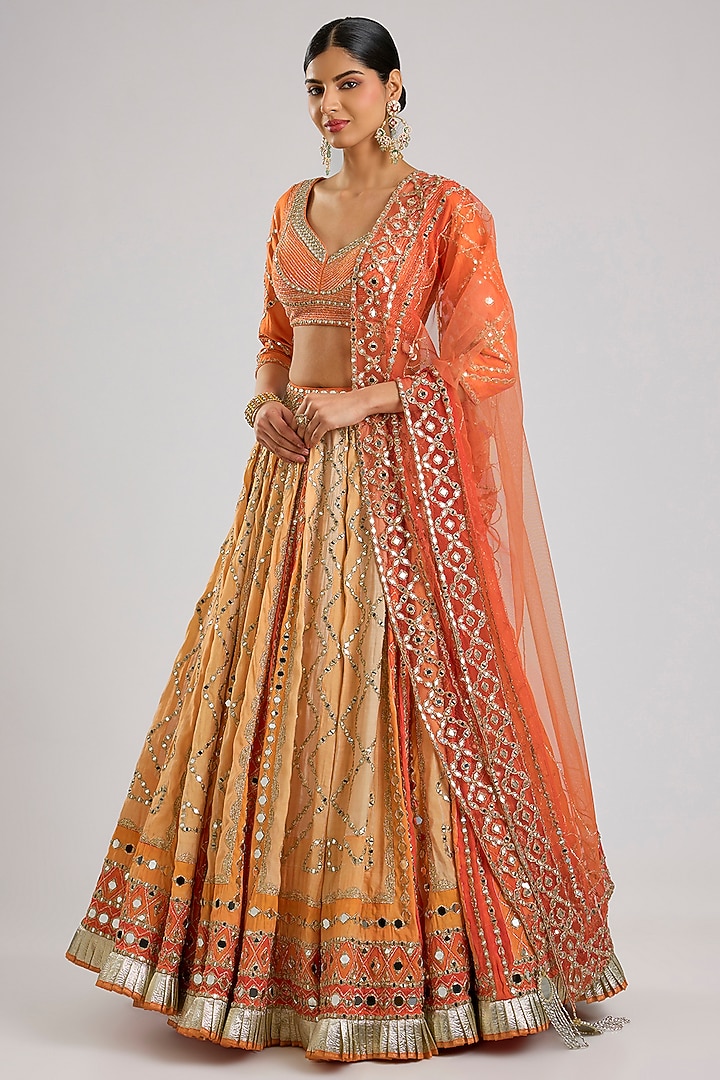 Orange Chanderi Mirror Embroidered Bridal Lehenga Set by Abhinav Mishra at Pernia's Pop Up Shop