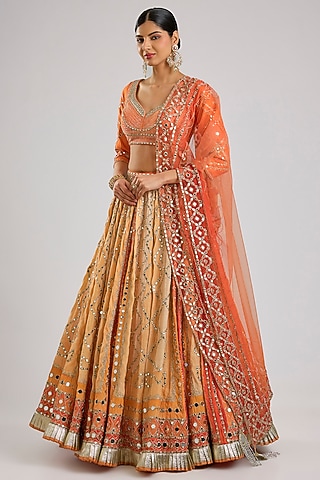 Orange Chanderi Mirror Embroidered Lehenga Set by Abhinav Mishra