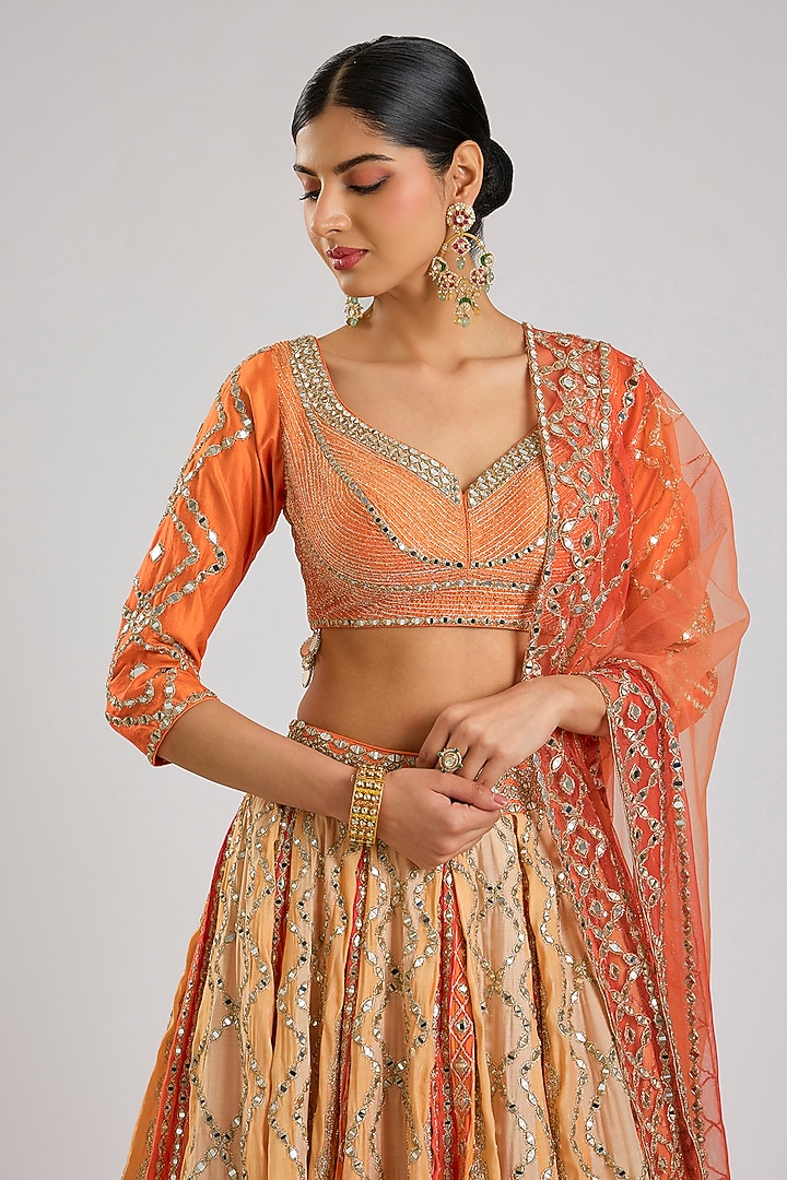 Orange Chanderi Mirror Embroidered Bridal Lehenga Set by Abhinav Mishra at Pernia's Pop Up Shop