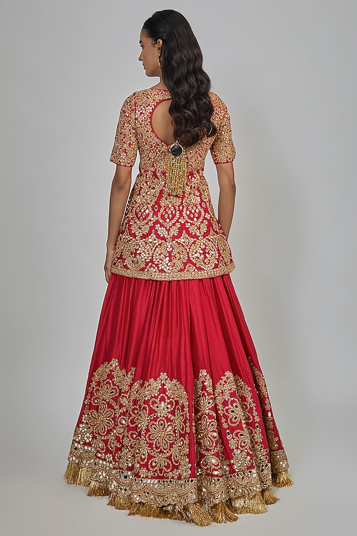 Red Chanderi Mirror Embroidered Bridal Lehenga Set by Abhinav Mishra at Pernia's Pop Up Shop