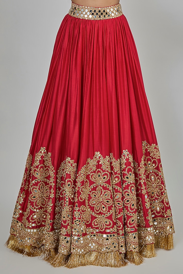 Red Chanderi Mirror Embroidered Bridal Lehenga Set by Abhinav Mishra at Pernia's Pop Up Shop