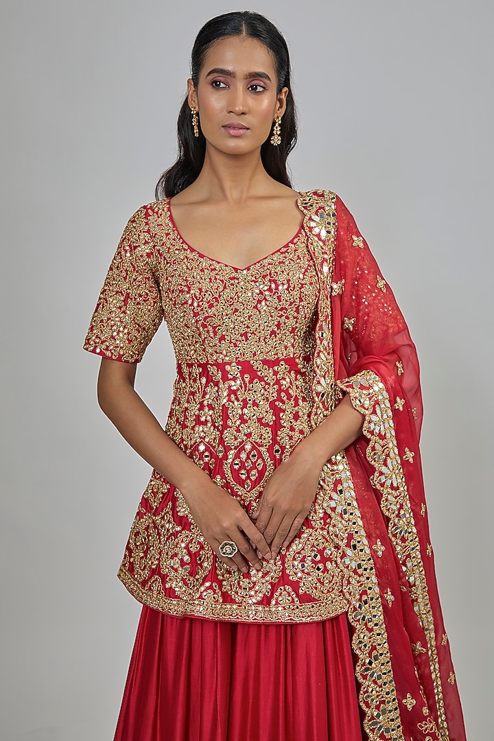 Red Chanderi Mirror Embroidered Bridal Lehenga Set by Abhinav Mishra at Pernia's Pop Up Shop