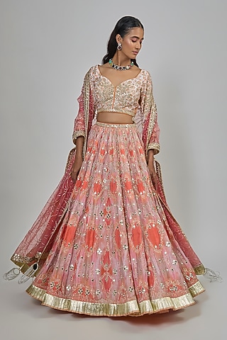 Multi-Colored Chanderi Mirror Embroidered Lehenga Set by Abhinav Mishra
