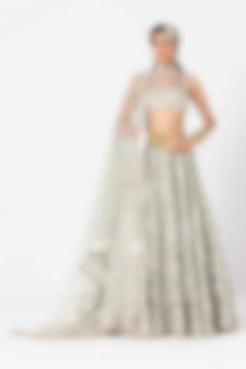 Sage Green Net Mirror & Sequin Embroidered Bridal Lehenga Set by Abhinav Mishra at Pernia's Pop Up Shop