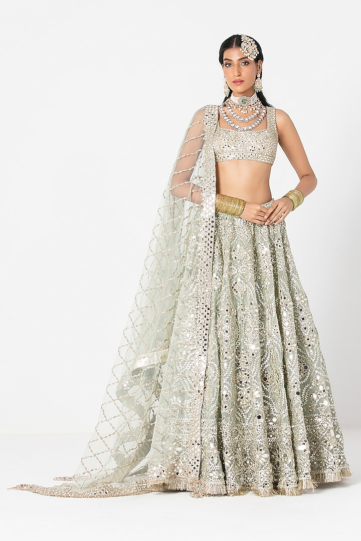 Sage Green Net Mirror & Sequin Embroidered Bridal Lehenga Set by Abhinav Mishra at Pernia's Pop Up Shop