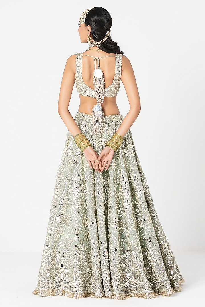 Sage Green Net Mirror & Sequin Embroidered Bridal Lehenga Set by Abhinav Mishra at Pernia's Pop Up Shop