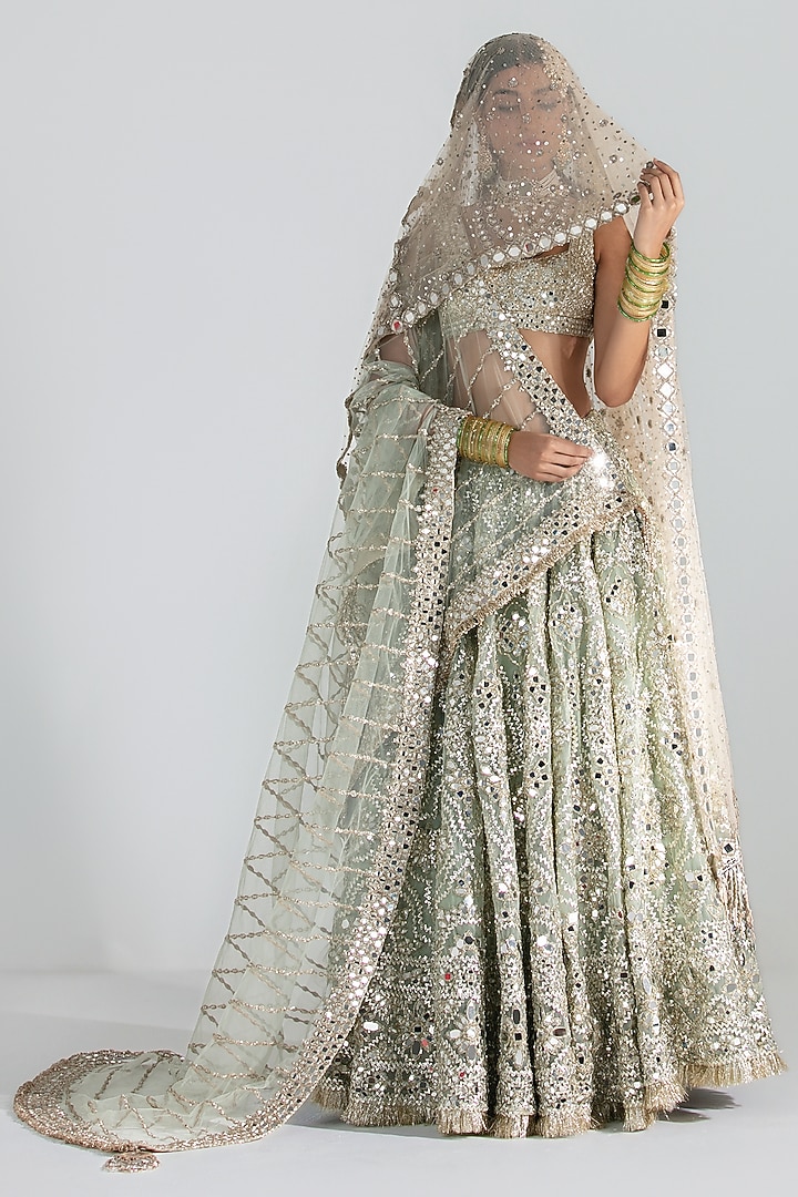 Sage Green Net Mirror & Sequin Embroidered Bridal Lehenga Set by Abhinav Mishra at Pernia's Pop Up Shop