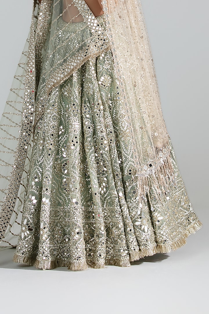 Sage Green Net Mirror & Sequin Embroidered Bridal Lehenga Set by Abhinav Mishra at Pernia's Pop Up Shop