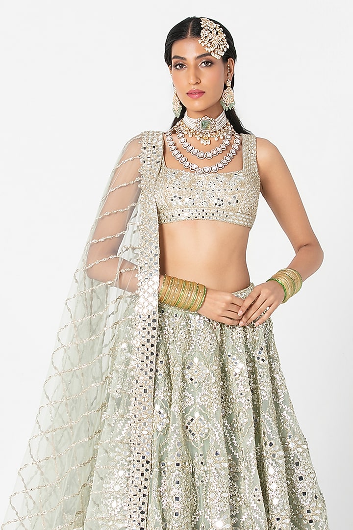 Sage Green Net Mirror & Sequin Embroidered Bridal Lehenga Set by Abhinav Mishra at Pernia's Pop Up Shop