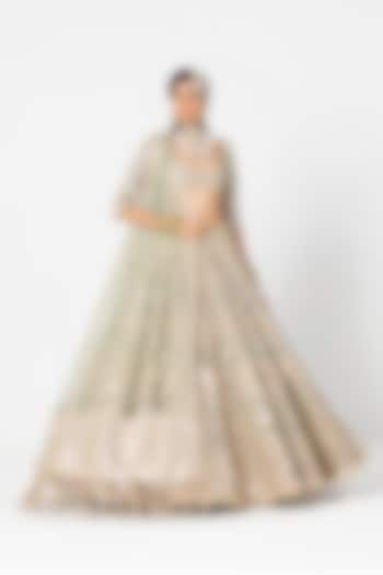 Sage Green Net Mirror & Sequin Embroidered Bridal Lehenga Set by Abhinav Mishra at Pernia's Pop Up Shop