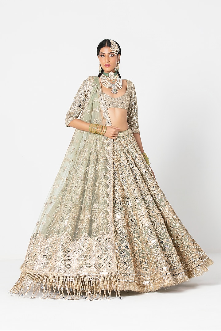 Sage Green Net Mirror & Sequin Embroidered Bridal Lehenga Set by Abhinav Mishra at Pernia's Pop Up Shop