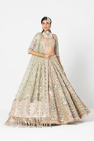Sage Green Net Mirror & Sequin Embroidered Lehenga Set by Abhinav Mishra