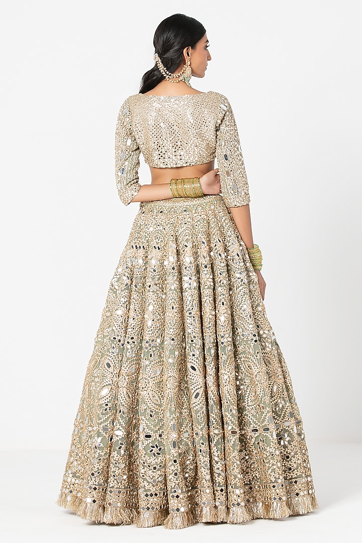 Sage Green Net Mirror & Sequin Embroidered Bridal Lehenga Set by Abhinav Mishra at Pernia's Pop Up Shop