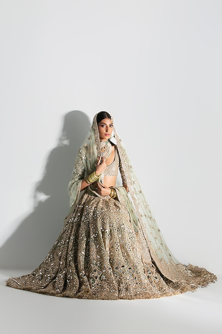 Sage Green Net Mirror & Sequin Embroidered Bridal Lehenga Set by Abhinav Mishra at Pernia's Pop Up Shop