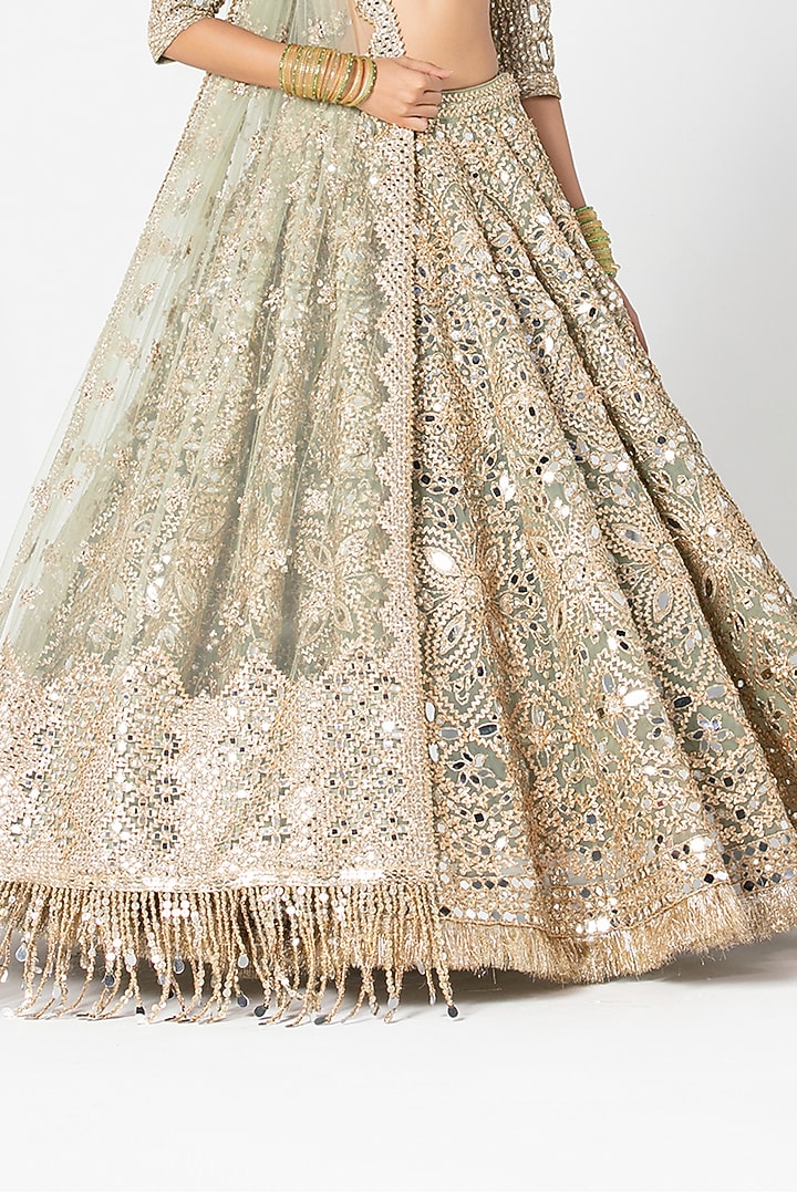 Sage Green Net Mirror & Sequin Embroidered Bridal Lehenga Set by Abhinav Mishra at Pernia's Pop Up Shop