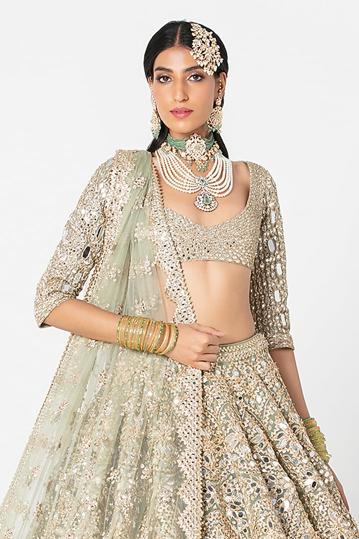 Sage Green Net Mirror & Sequin Embroidered Bridal Lehenga Set by Abhinav Mishra at Pernia's Pop Up Shop