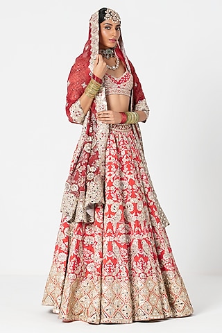 Multi-Colored Silk Mirror & Zari Embroidered Lehenga Set by Abhinav Mishra