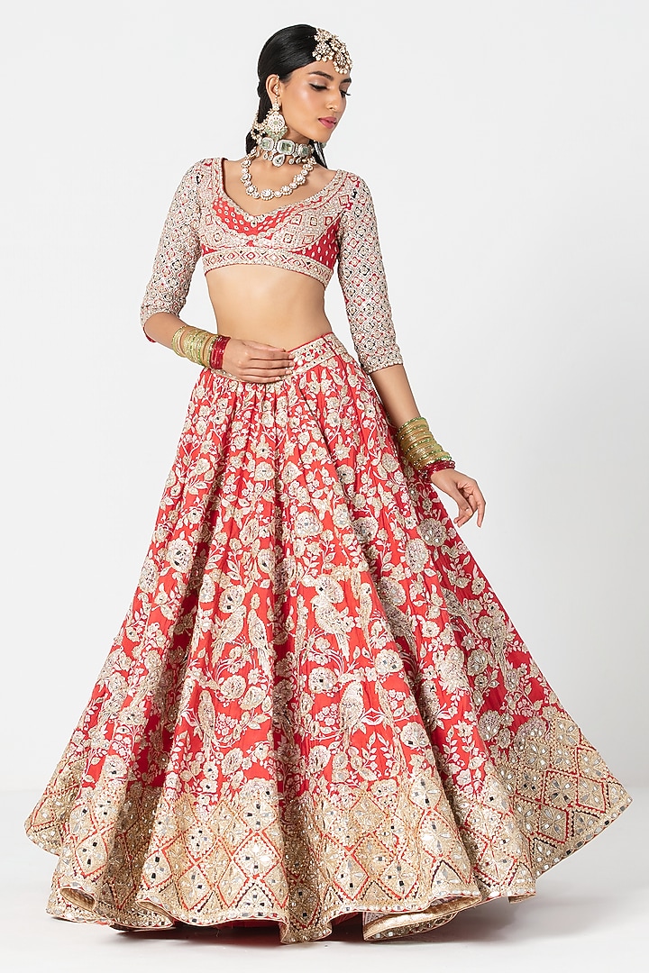 Multi-Colored Silk Mirror & Zari Embroidered Bridal Lehenga Set by Abhinav Mishra at Pernia's Pop Up Shop