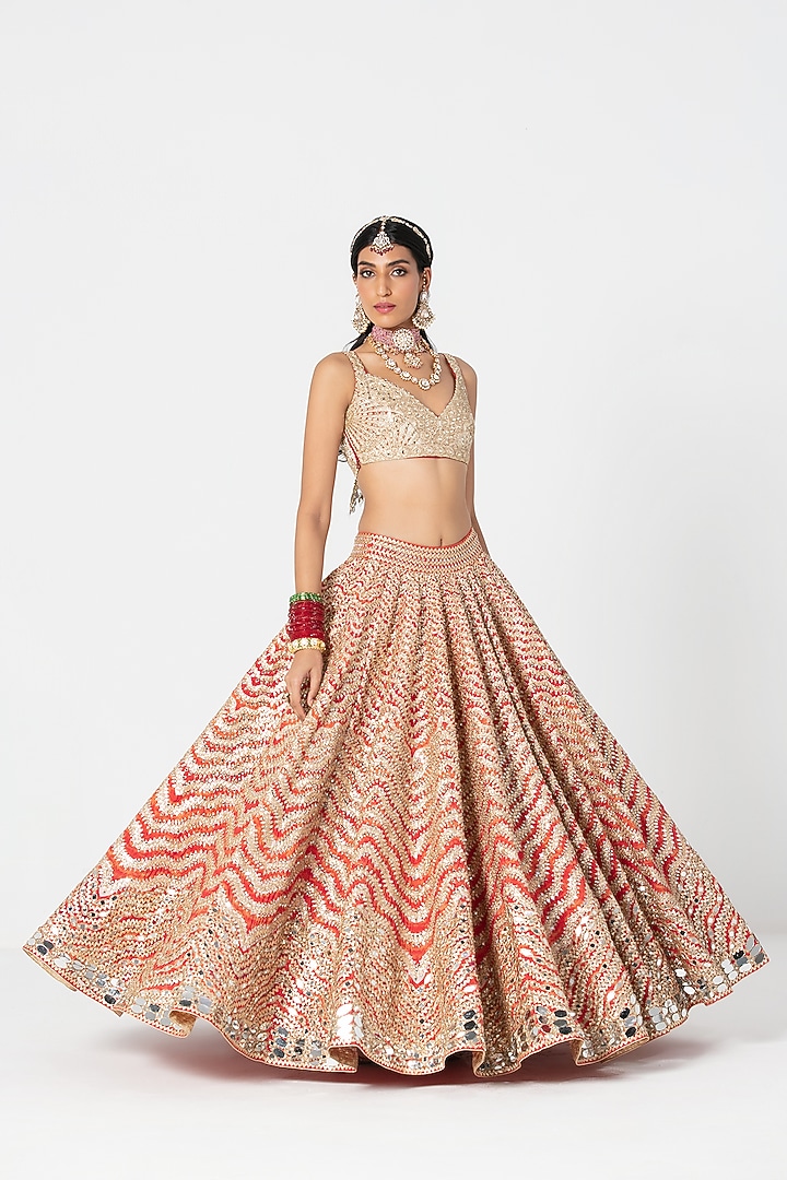 Multi-Colored Silk Sequin & Gota Embroidered Bridal Lehenga Set by Abhinav Mishra at Pernia's Pop Up Shop