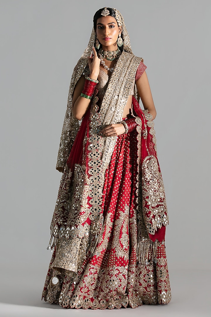 Red Silk Mirror & Gota Embroidered Bridal Lehenga Set by Abhinav Mishra at Pernia's Pop Up Shop