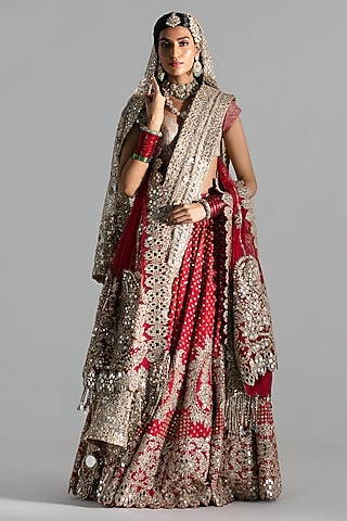Red Silk Mirror & Gota Embroidered Lehenga Set by Abhinav Mishra