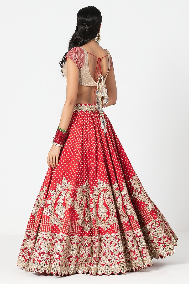 Red Silk Mirror & Gota Embroidered Bridal Lehenga Set by Abhinav Mishra at Pernia's Pop Up Shop