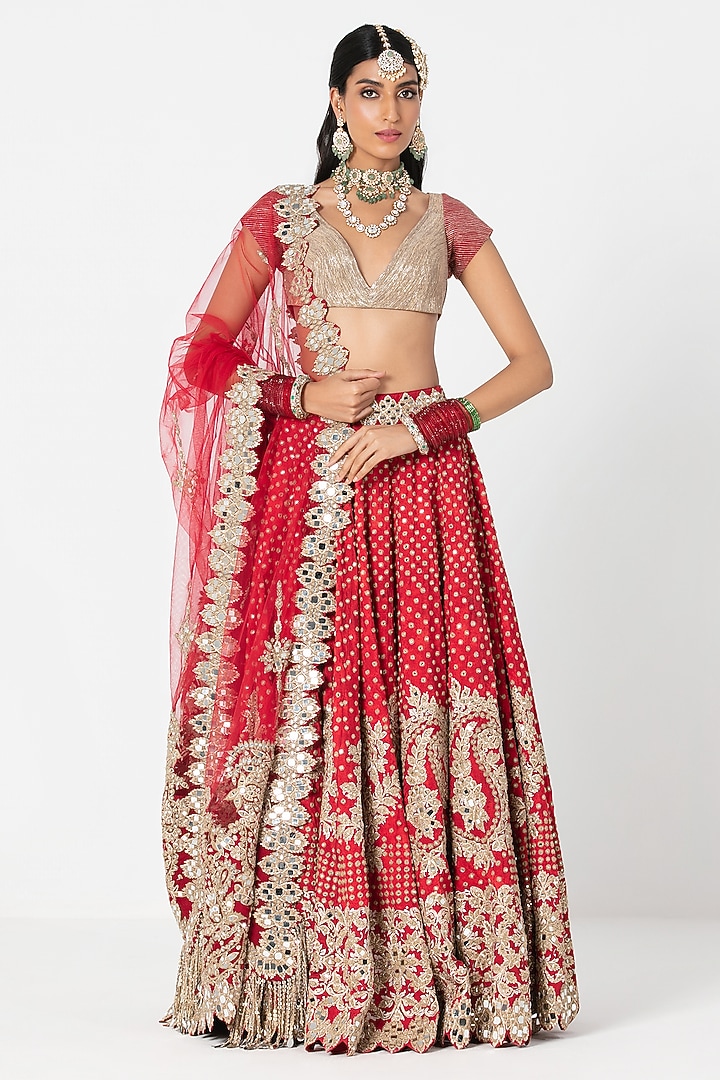 Red Silk Mirror & Gota Embroidered Bridal Lehenga Set by Abhinav Mishra at Pernia's Pop Up Shop