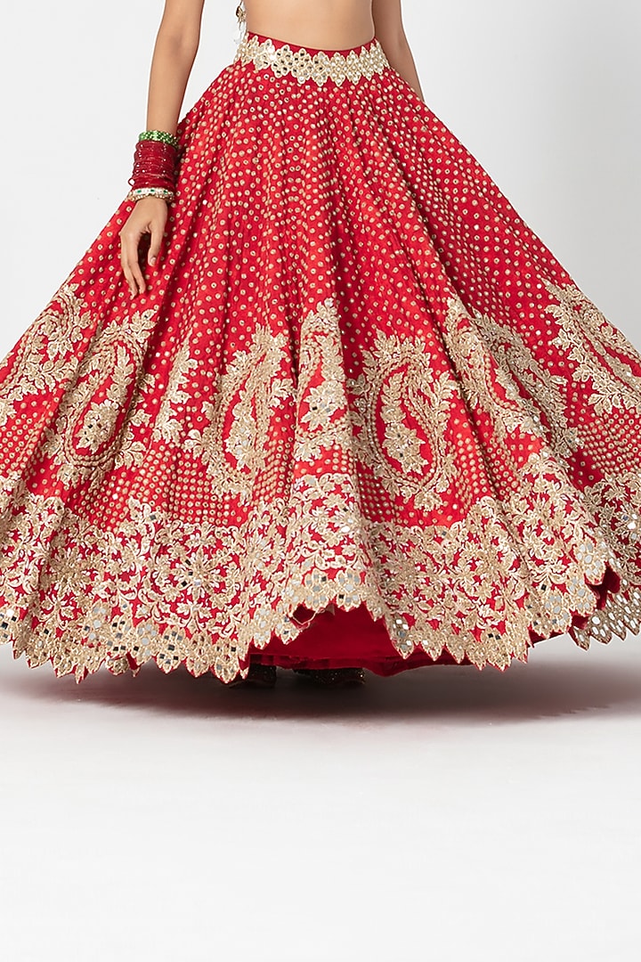 Red Silk Mirror & Gota Embroidered Bridal Lehenga Set by Abhinav Mishra at Pernia's Pop Up Shop