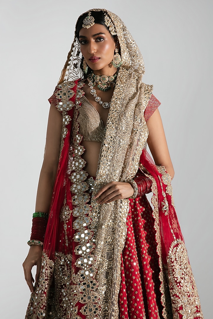 Red Silk Mirror & Gota Embroidered Bridal Lehenga Set by Abhinav Mishra at Pernia's Pop Up Shop