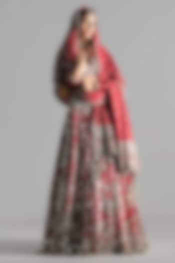 Red Silk Zari & Sequin Embroidered Bridal Lehenga Set by Abhinav Mishra at Pernia's Pop Up Shop