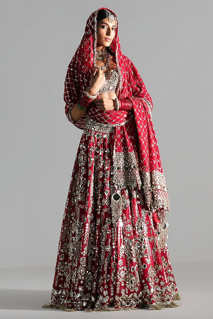Red Silk Zari & Sequin Embroidered Bridal Lehenga Set by Abhinav Mishra at Pernia's Pop Up Shop