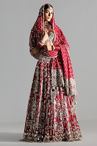 Red Silk Zari & Sequin Embroidered Lehenga Set by Abhinav Mishra