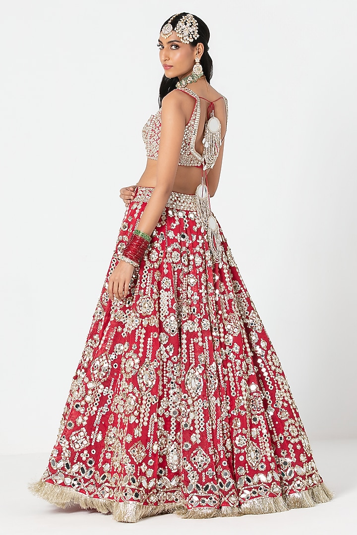 Red Silk Zari & Sequin Embroidered Bridal Lehenga Set by Abhinav Mishra at Pernia's Pop Up Shop