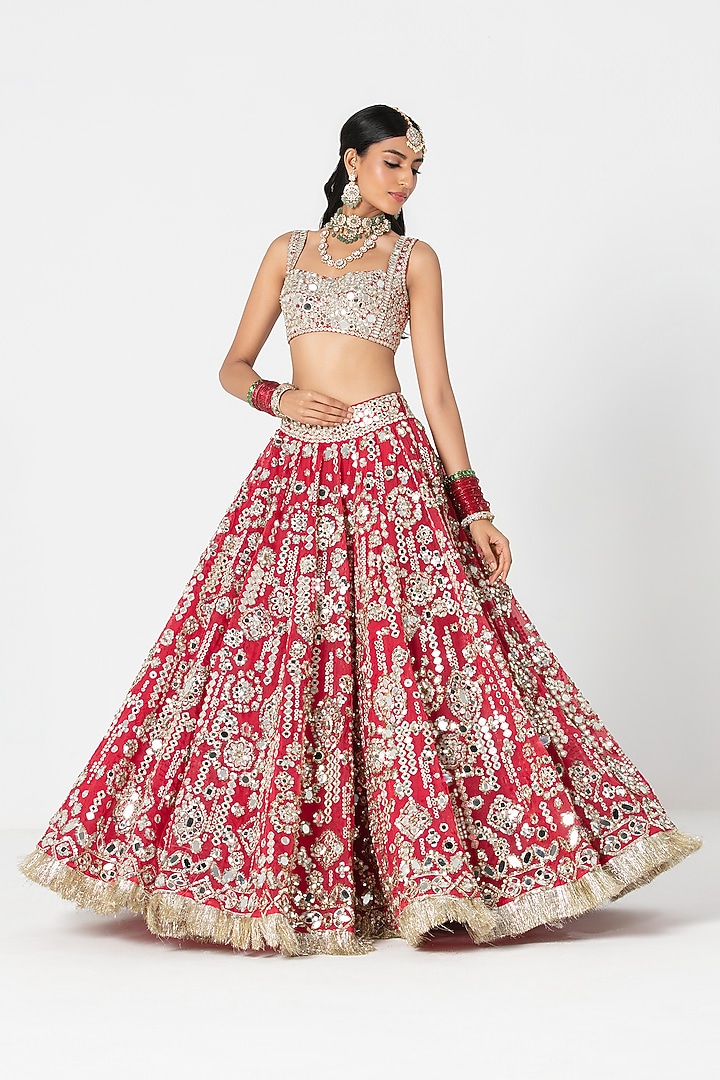 Red Silk Zari & Sequin Embroidered Bridal Lehenga Set by Abhinav Mishra at Pernia's Pop Up Shop
