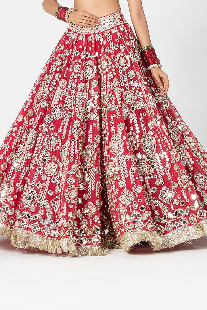 Red Silk Zari & Sequin Embroidered Bridal Lehenga Set by Abhinav Mishra at Pernia's Pop Up Shop