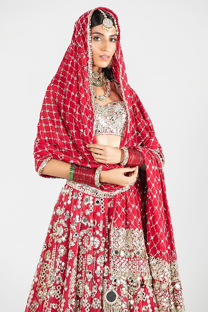 Red Silk Zari & Sequin Embroidered Bridal Lehenga Set by Abhinav Mishra at Pernia's Pop Up Shop
