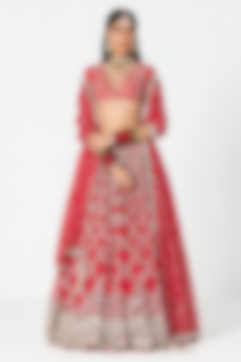 Red Silk Mirror & Dabka Embroidered Bridal Lehenga Set by Abhinav Mishra at Pernia's Pop Up Shop