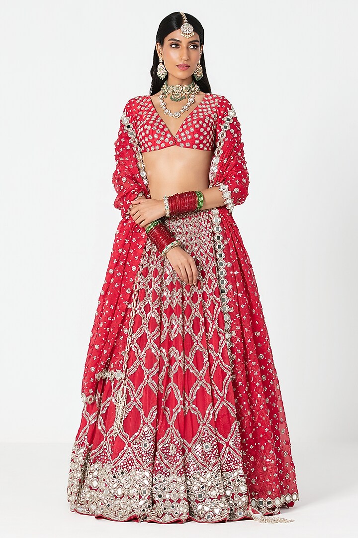 Red Silk Mirror & Dabka Embroidered Bridal Lehenga Set by Abhinav Mishra at Pernia's Pop Up Shop