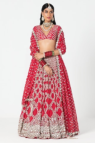 Red Silk Mirror & Dabka Embroidered Lehenga Set by Abhinav Mishra