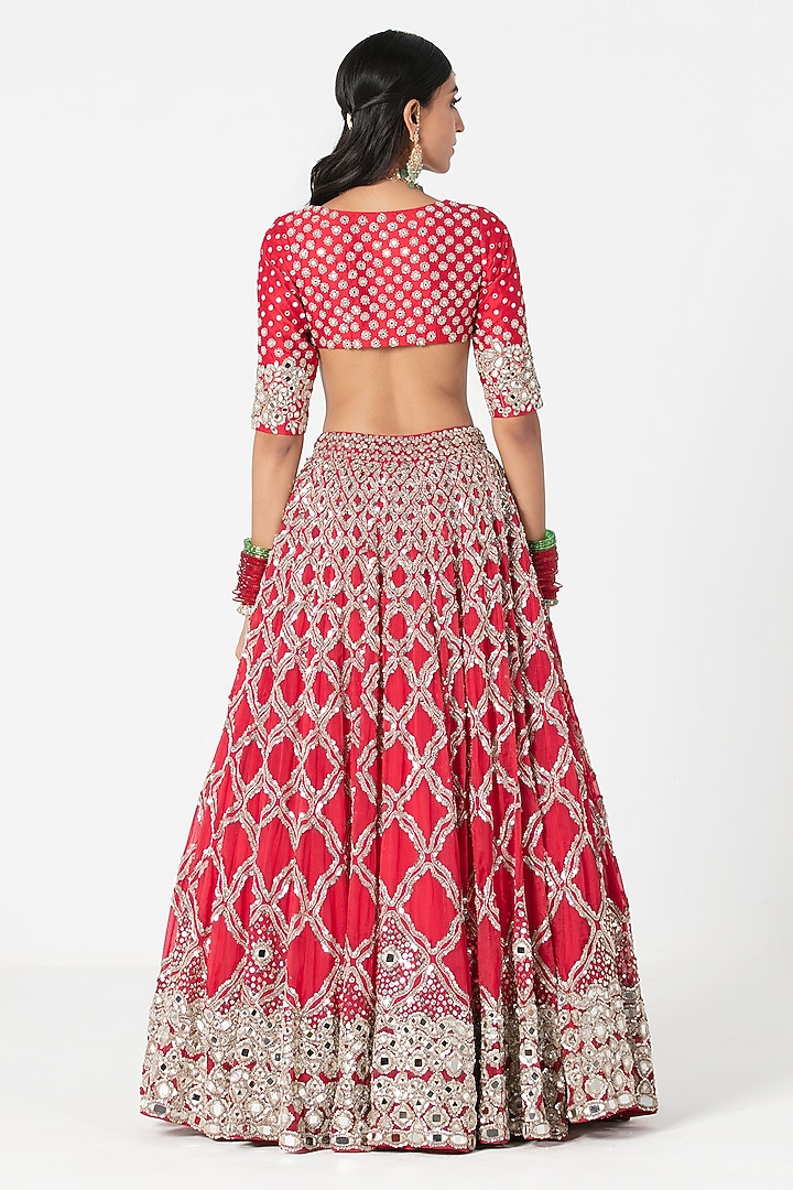 Red Silk Mirror & Dabka Embroidered Bridal Lehenga Set by Abhinav Mishra at Pernia's Pop Up Shop