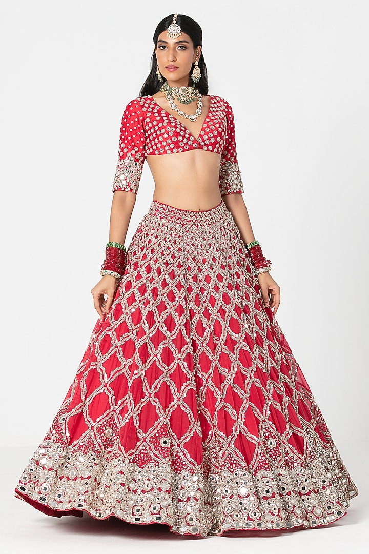 Red Silk Mirror & Dabka Embroidered Bridal Lehenga Set by Abhinav Mishra at Pernia's Pop Up Shop