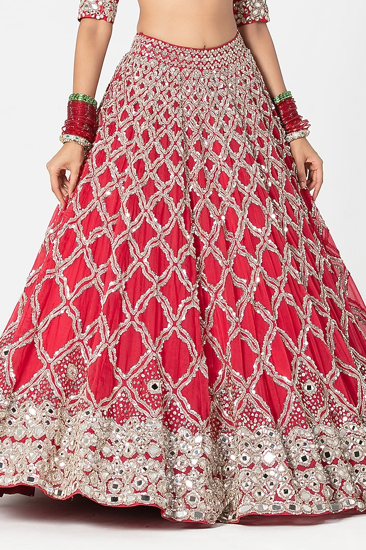 Red Silk Mirror & Dabka Embroidered Bridal Lehenga Set by Abhinav Mishra at Pernia's Pop Up Shop