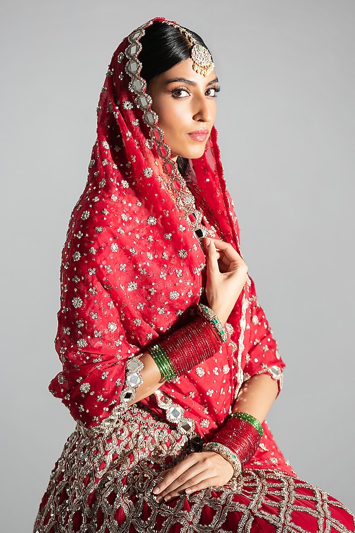 Red Silk Mirror & Dabka Embroidered Bridal Lehenga Set by Abhinav Mishra at Pernia's Pop Up Shop
