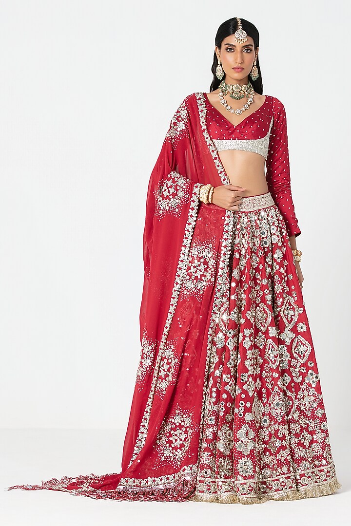 Red Organza Sequin & Zardosi Embroidered Bridal Lehenga Set by Abhinav Mishra at Pernia's Pop Up Shop