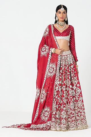 Red Organza Sequin & Zardosi Embroidered Lehenga Set by Abhinav Mishra