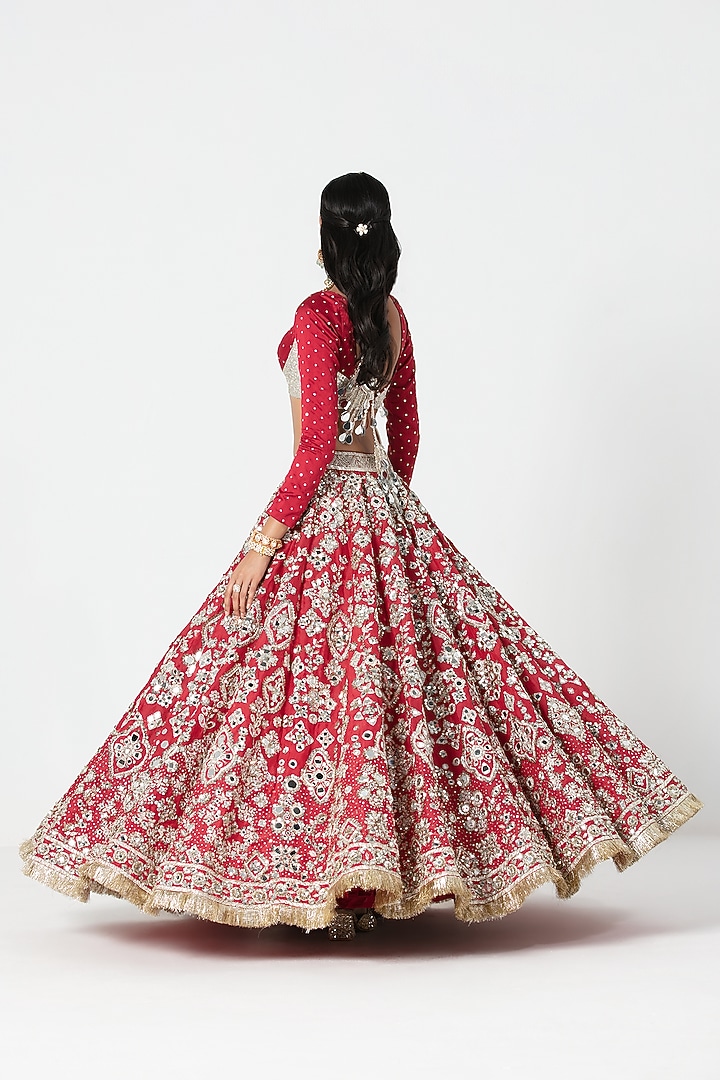 Red Organza Sequin & Zardosi Embroidered Bridal Lehenga Set by Abhinav Mishra at Pernia's Pop Up Shop