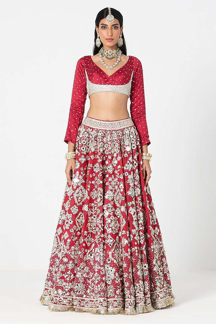 Red Organza Sequin & Zardosi Embroidered Bridal Lehenga Set by Abhinav Mishra at Pernia's Pop Up Shop