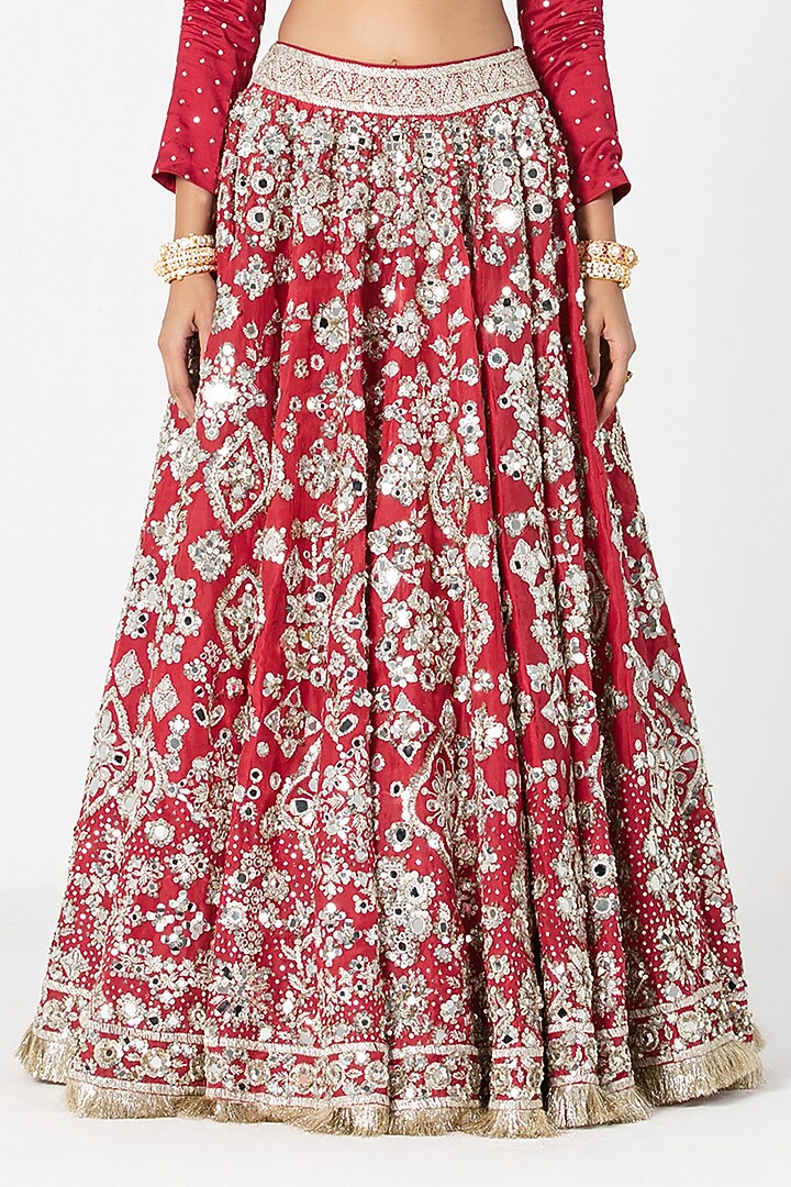 Red Organza Sequin & Zardosi Embroidered Bridal Lehenga Set by Abhinav Mishra at Pernia's Pop Up Shop